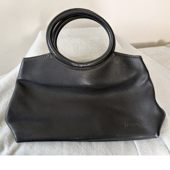 Fossil Handbags - Fossil Black Leather Circle Handle Handbag Contrast Stitch Satchel Bag